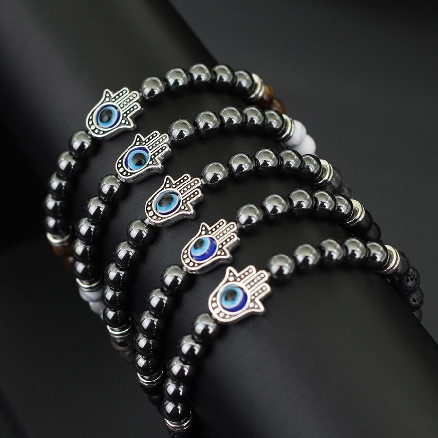 Turkey Evil Eyes Bracelet Men Handmade Fatima Hand Braslet Natural Hematite Stone Healing Braclet Pulseria Homme Lava Brazalete