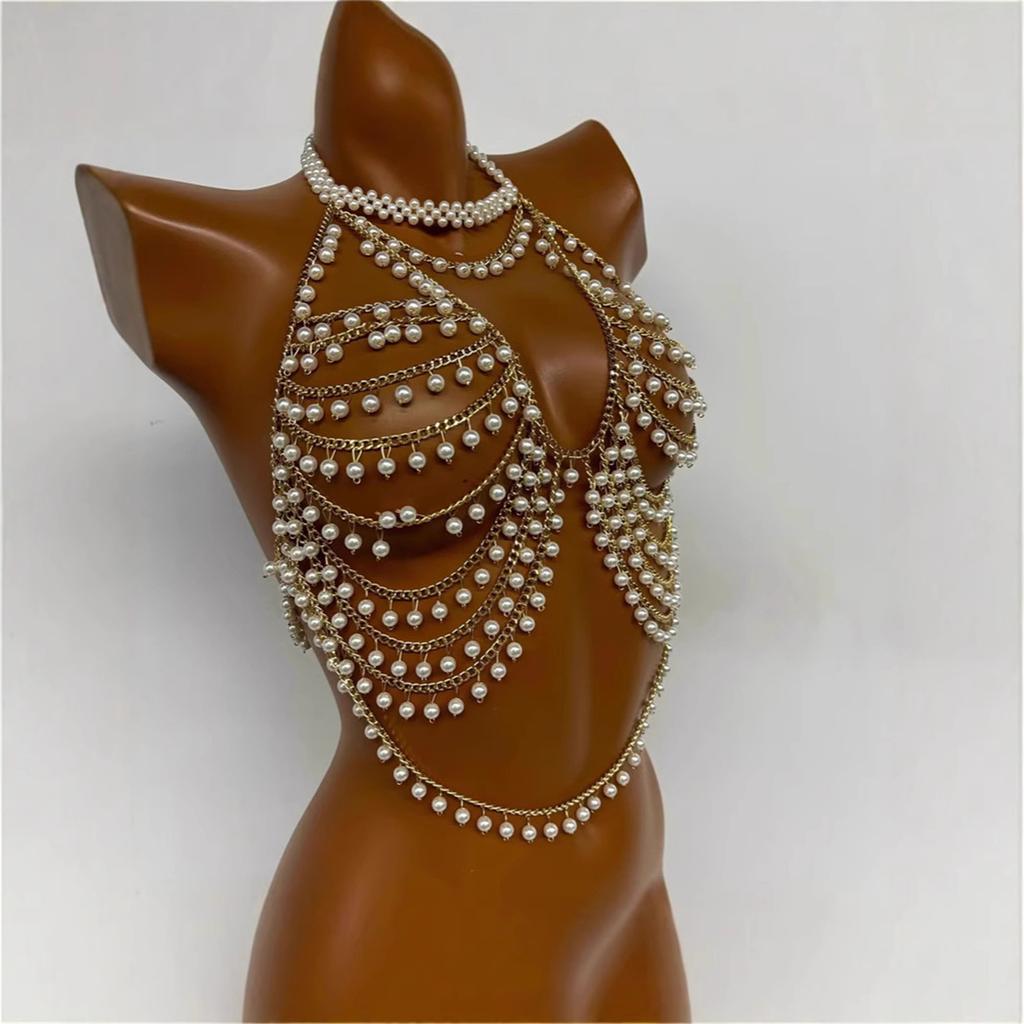 Women's Multi Layer Pearls Beaded Halter Neck Bra Chain Crop Top Hollowed Body Jewelry Camisole Chest Chain for Festival