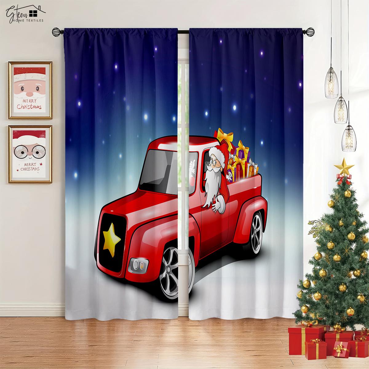 

Christmas New Decorative Curtain Christmas Tree Santa Claus Gift Elk Pumpkin Carriage Festive Atmosphere 3D Printed Curtain W50xH130(CM)x2PCS&Rod pocket