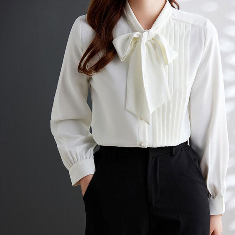 Office Lady Spring Summer Solid Color Blouse Elegant Folds Scarf Collar Bow Chic Pearl Single-breasted Korean Long Sleeve Shirt