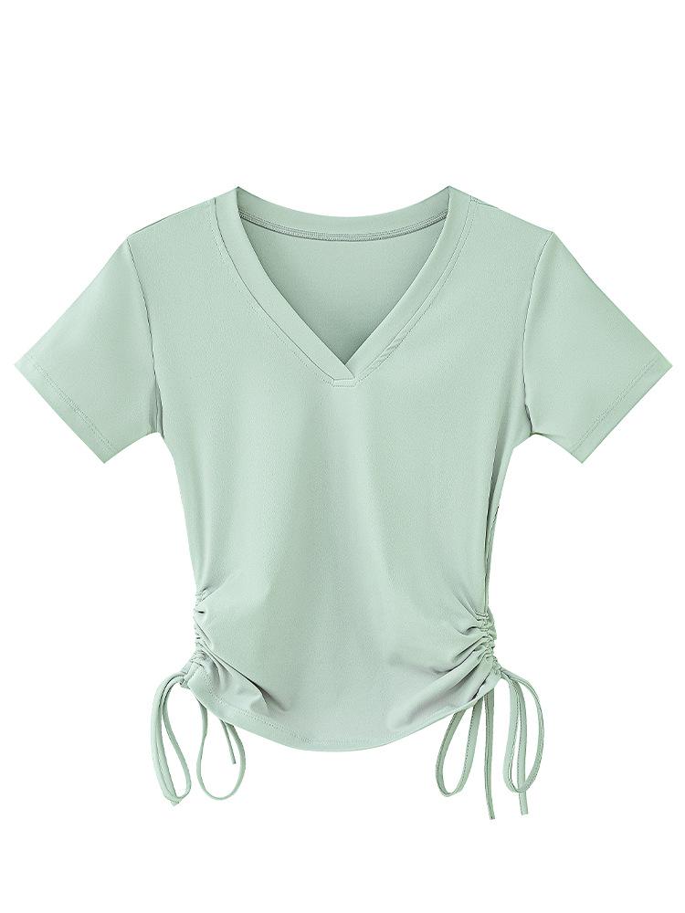 Women's Slim-Fit V-Neck Drawstring Top: Fashionable, Versatile, Soft Texture, Short-Sleeved T-Shirt, Complements All Skin Tones.