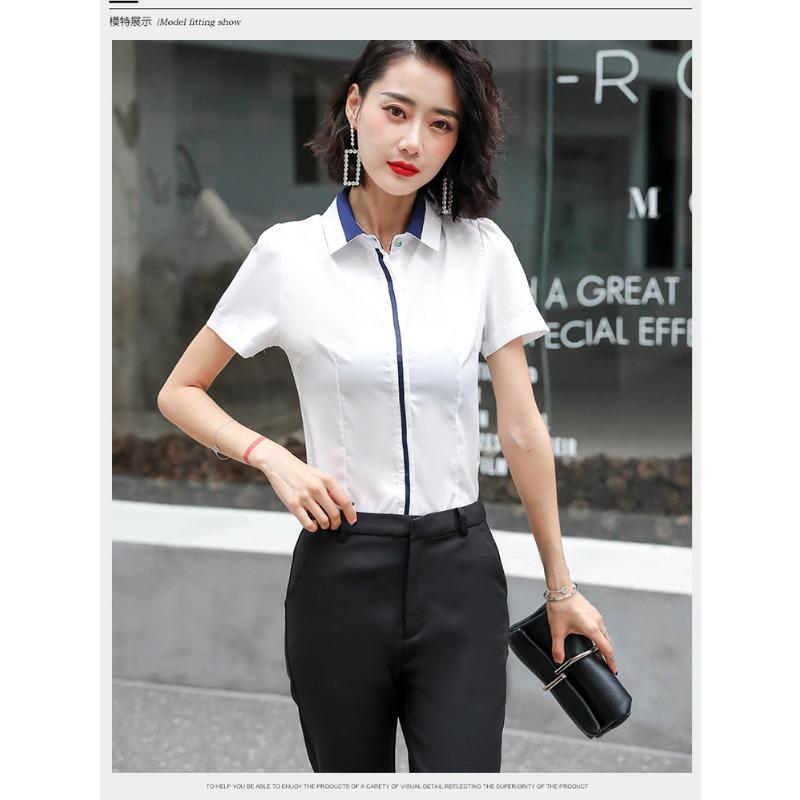 Women Slim Fit Short Sleeve Contrast Collar Professional Formal Work Office Shirt S белый