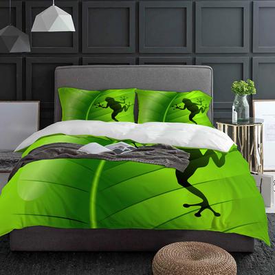 Set Biancheria da Letto Pianta Foglia Verde Sagoma Rana Animale 3pz Copripiumino Federa Coperta Trapuntata Set Letto Matrimoniale Tessile per la Casa