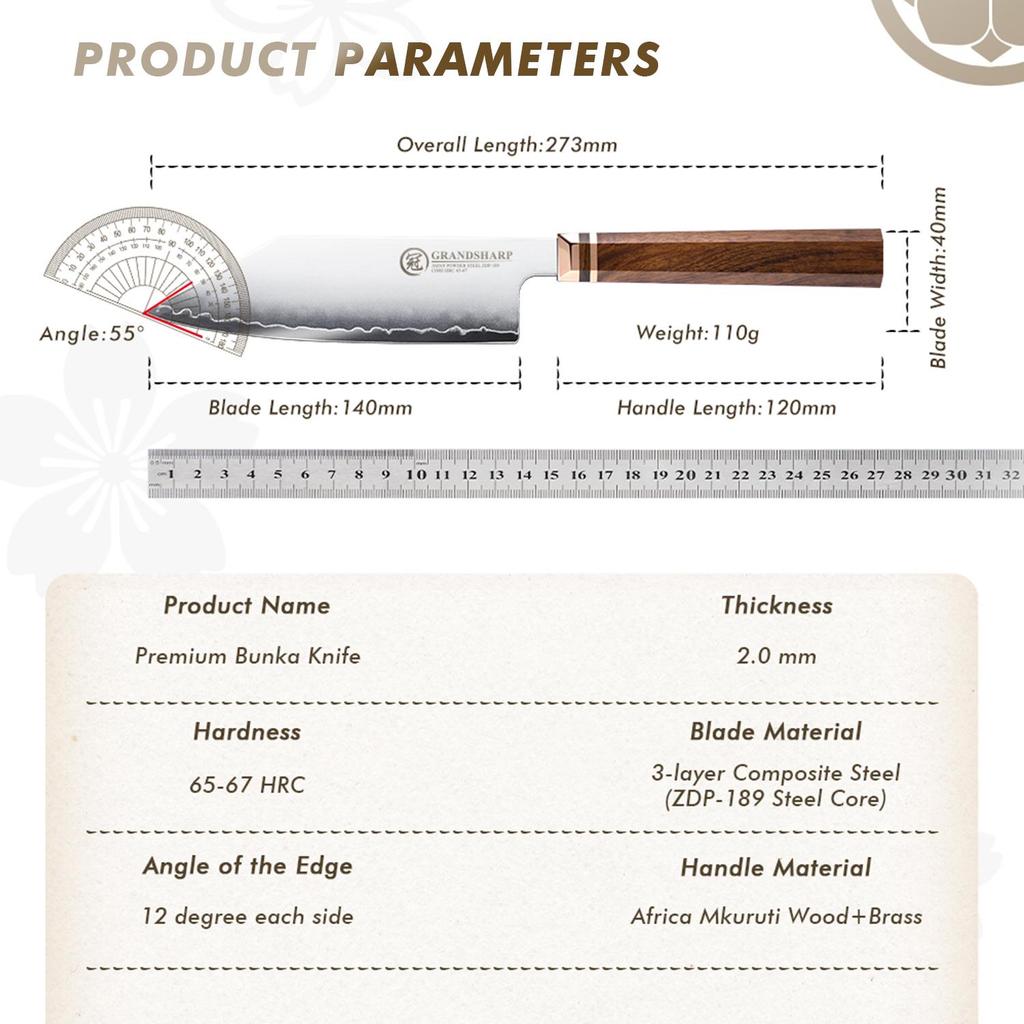 Grandsharp 3 Layer Composite ZDP-189 Steel 5.5 Inch Bunka Knife Chef Knife Mkuruti Wood Handle 420J2 Stainless Steel Cutter