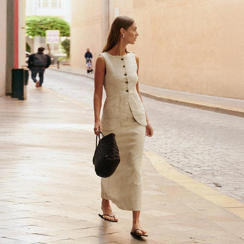 

Элегантный комплект из жилета и юбки, женский костюм из 2 предметов, белый квадратный воротник, однобортный топ с высокой талией, комплект из юбок, летний женский наряд L бежевый