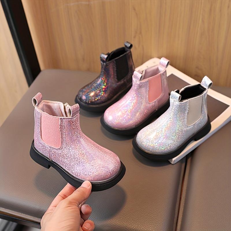 Youngsters Sparkly Geometric Glitter Ankle Boots Side Zipper Cute Platform Mid Calf Round Toe Rubber Sole All Season Purple Pink