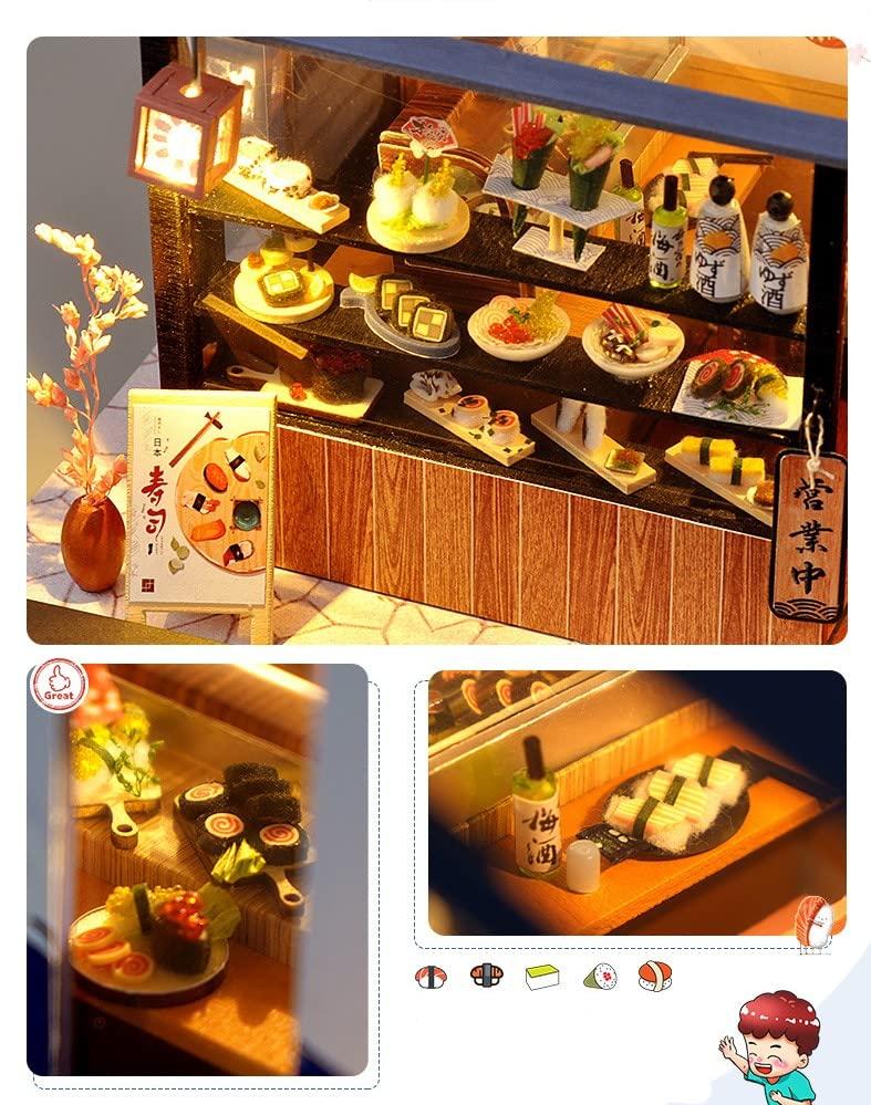 DIY Wooden Dollhouse Miniature House Sushi Restaurant Handmade Kit Set for Japanese Style Miniature Collection Kit Dollhouse with LED Lights