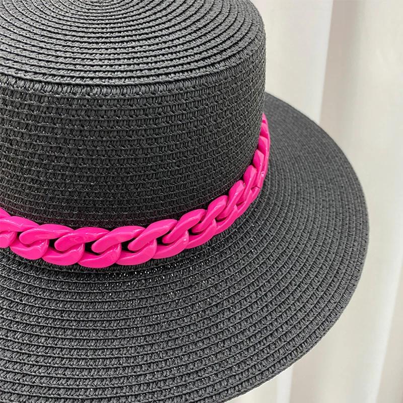 Nieuwe Kleur Ketting Platte Top Unisex Jazz Strooien Hoed Buiten Vrouwen Zeevakantie Zon Strand Hoeden Mode Zomer Panama Emmer Hoed