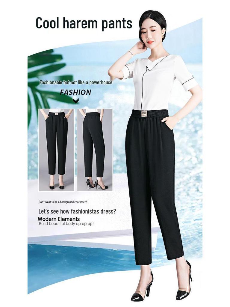 Sommerliche elastische Hosen mit hohem Bund für Frauen mittleren Alters und ältere Frauen - Gerades Bein, Casual, Lockere Passform, Übergröße