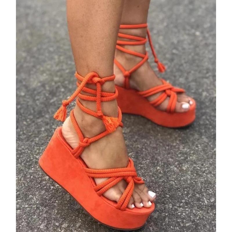 Fashion Summer New Wedge Sandals for Women Round Head Platform Cross Tied Strap Solid Color Height Increase Peep Toe Roman Shoe