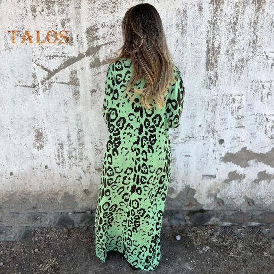 Women's Leopard Print Dress V-Neck Long Sleeve Maxi Dress Casual Loose Fit Spring Summer Dress for Office Daily Wear Vacation Party