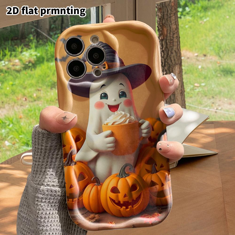 Phone Case: 2D Flat Design, Suitable for Protective Cases for iPhone 18, 17, 16, 15, 14, 13, 12 Pro; Phone Decoration, Holding a Hot Drink Little Ghos