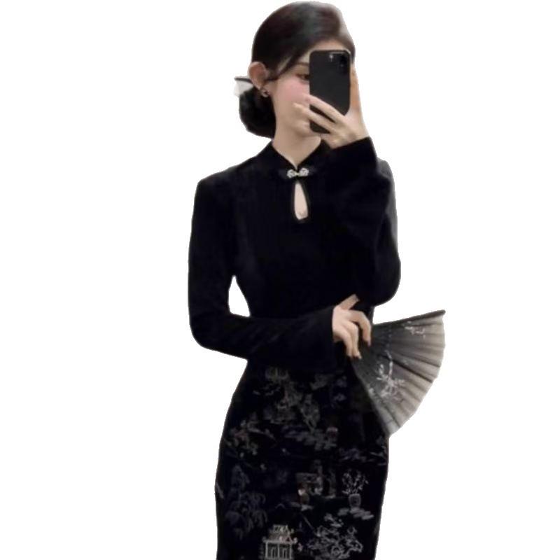 Black Velvet Cheongsam Dress for Women - Young, Trendy Autumn/Winter Style
