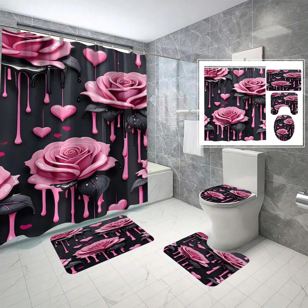 

Valentine S Day Pink Rose Bathroom Set: Bath Curtain, Toilet Lid Cover, U-Shape Rug, Bathroom Accessories W60H190(CM)-1 Pcs