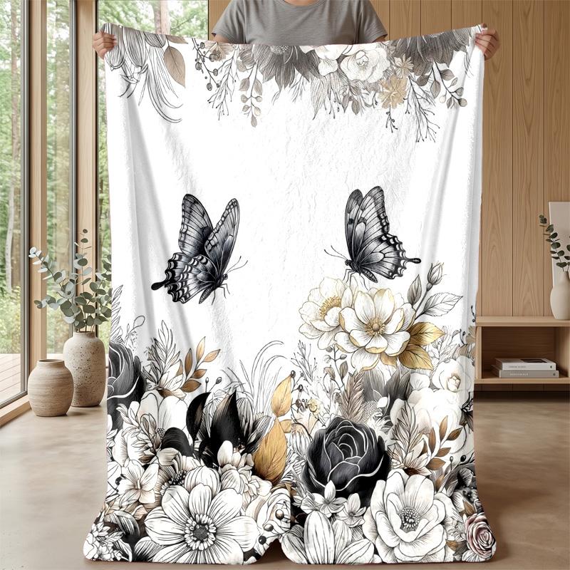 Floral Pig with Butterflies Theme blanket Lightweight Warm Flannel Blanket Decorative Throw Blanket for Home Decoration