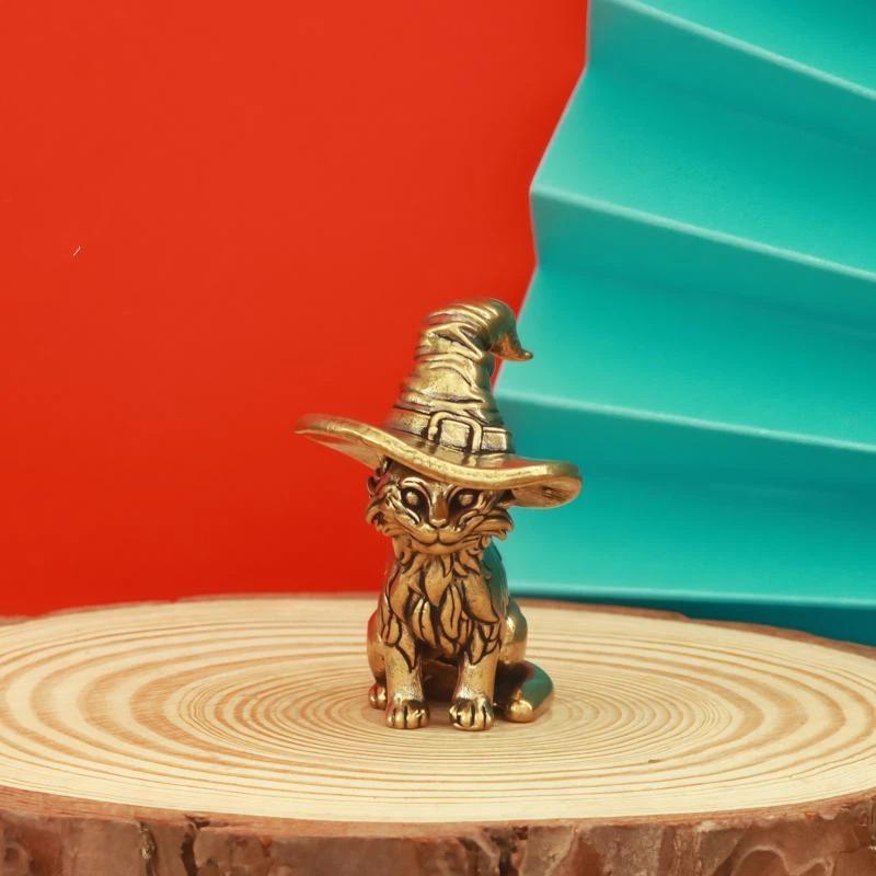 Brass Wizard Cat Figurine Delicate Carved Details Vintage Finish For Halloween Home Desk Decor Gifts