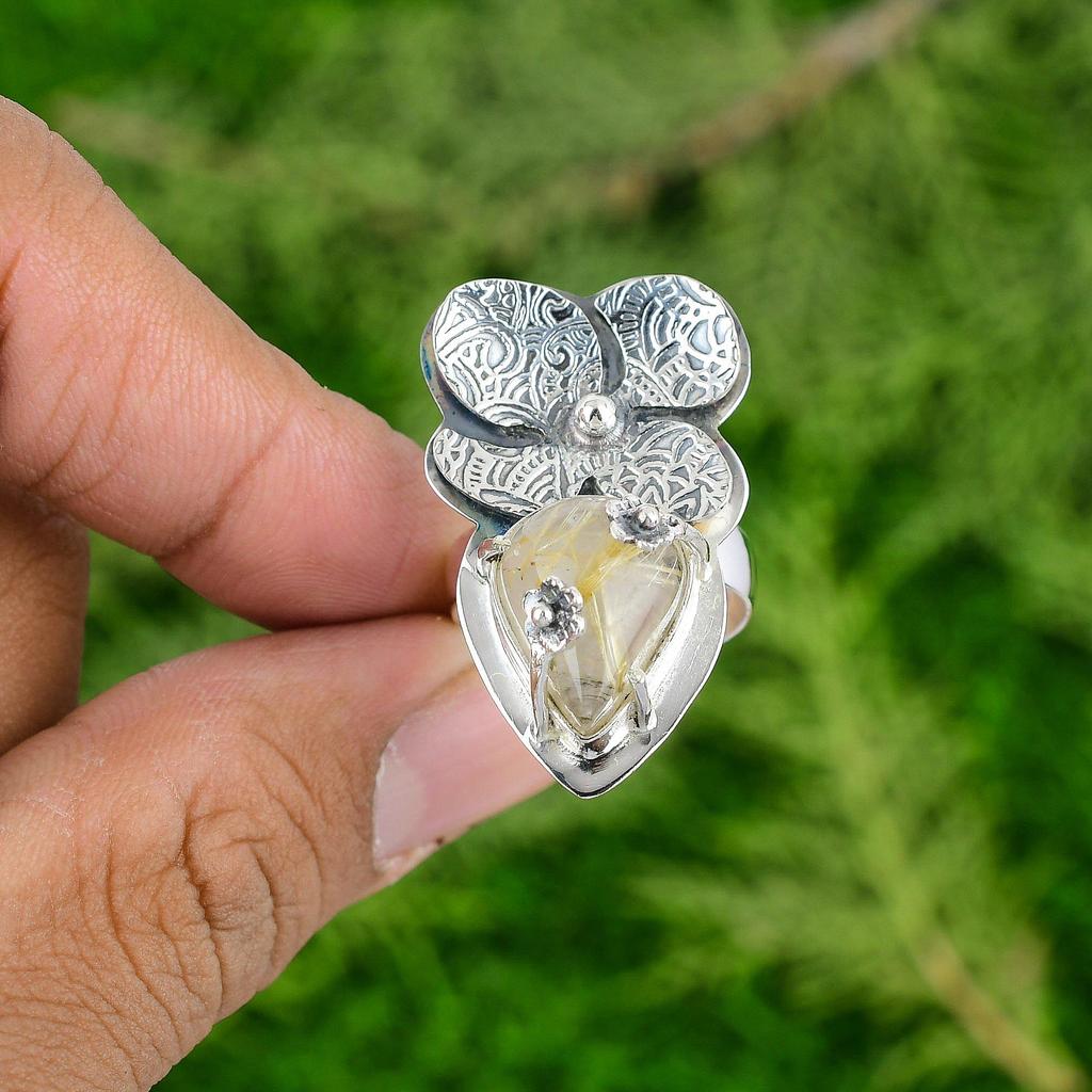 Golden Rutile Gemstone Flower Statement Bezel Ring Jewelry 925 Sterling Silver
