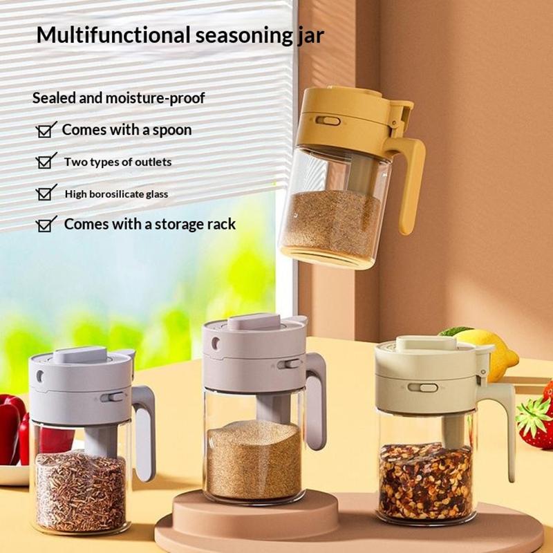 Japanese Style 2-in-1 Condiment Jar Spice Container with Spoon Airtight Kitchen Canister for Salt, Spices & Sugar