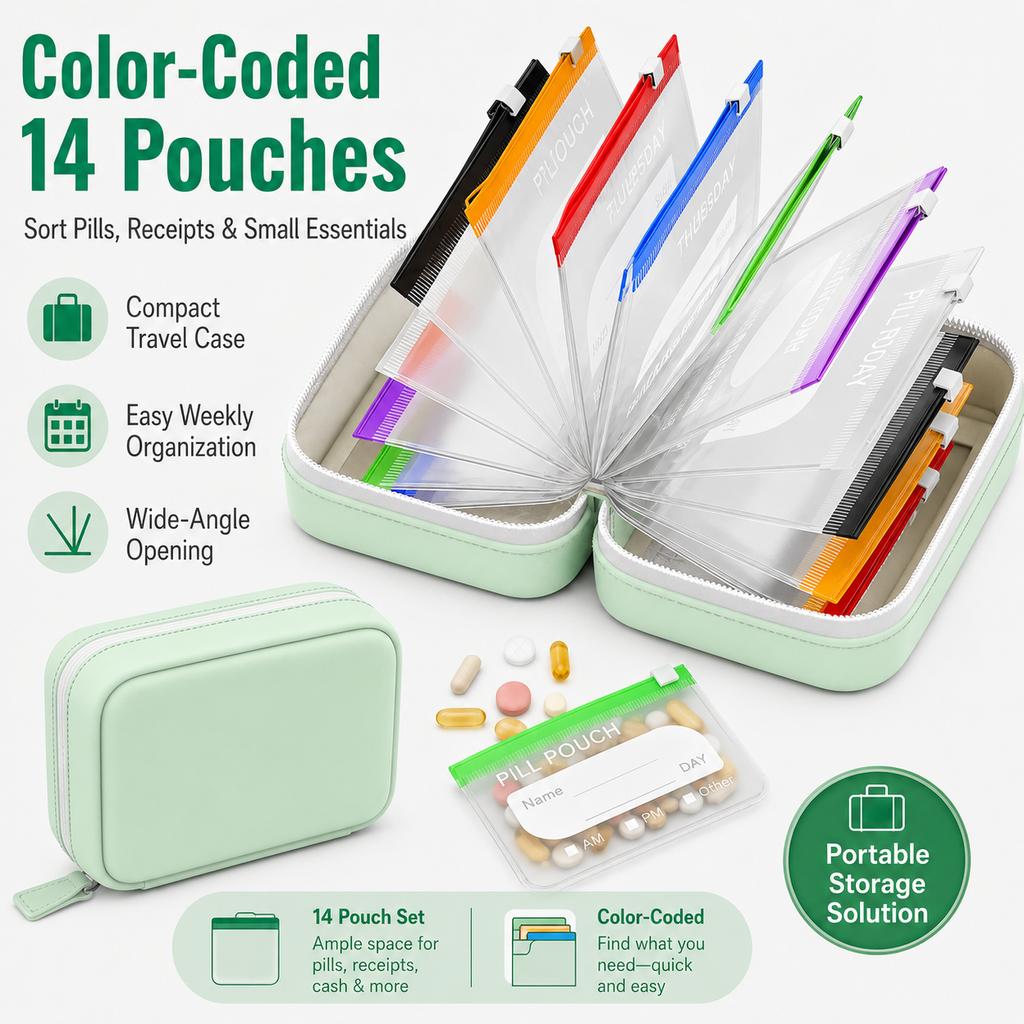 Travel Portable Pill Organizer with 14 Reusable Zipper Pouches, Food Grade Silicone Case for Medicine and Daily Essentials