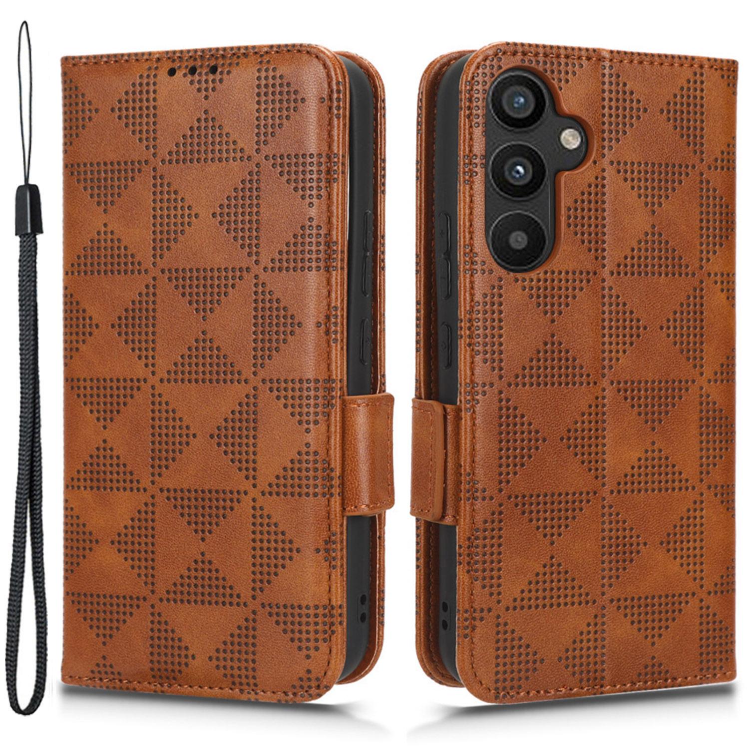

For Samsung Galaxy A34 5G Imprinted Triangle Pattern Phone Cover PU Leather Wallet Stand Cell Phone Case with Wrist Strap Brown