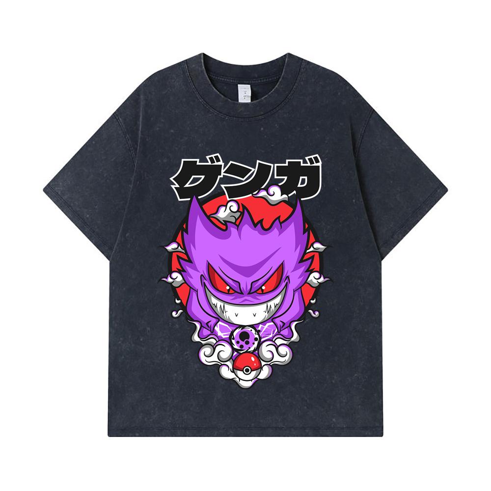 275 GSM Washed T-shirts 100% Cotton Pokemon V10 Gengar Print Unisex Heavy Cotton T Shirt