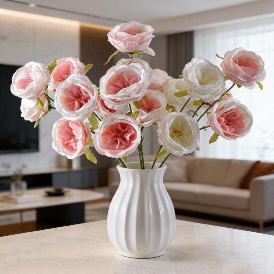 26" Artificial Rose Flower Realistic Fake Silk Rose Flower with Long Stems 3 Heads Full Blooms Faux Flower Branch for DIY Bridal Bouquet Home Wedding