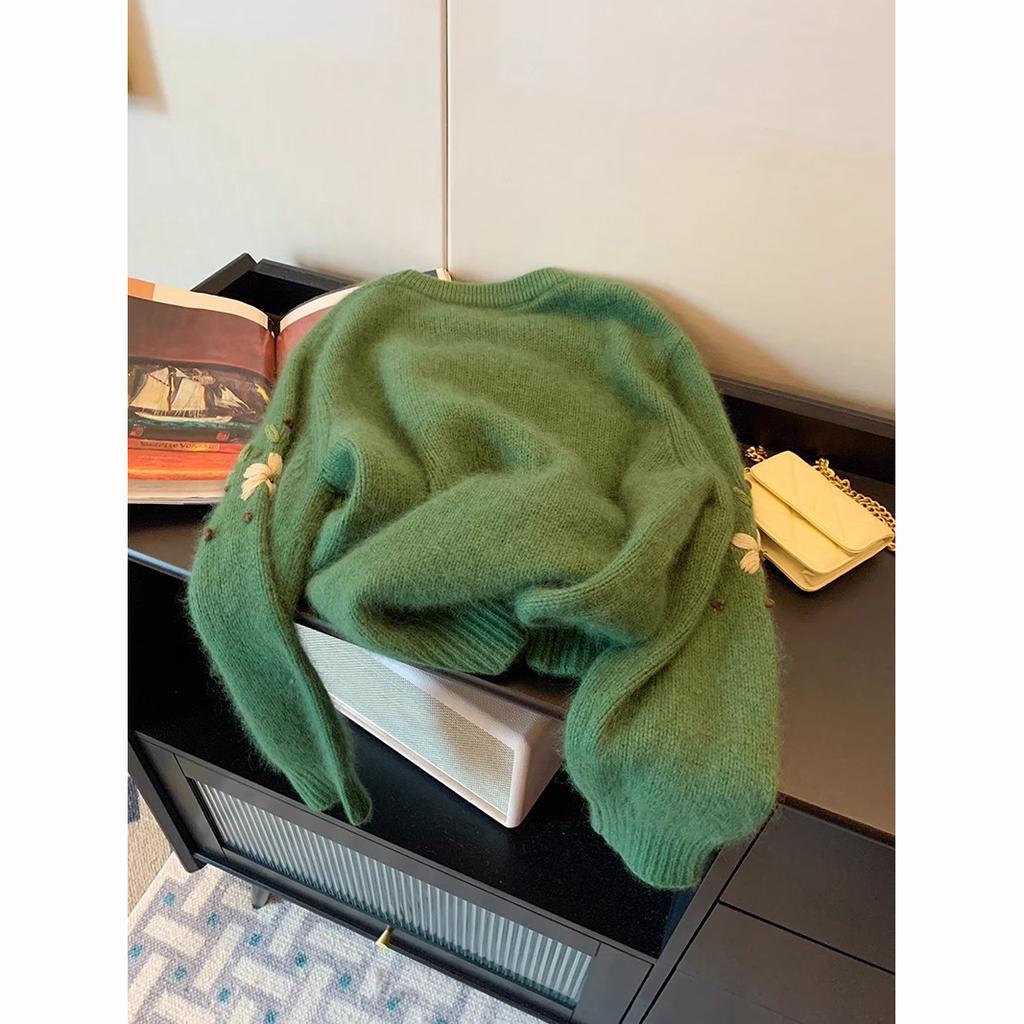 Pull en cachemire à fleurs pour femmes, ample, classique, vintage, col rond, manches longues, vert, chic, romantique, streetwear