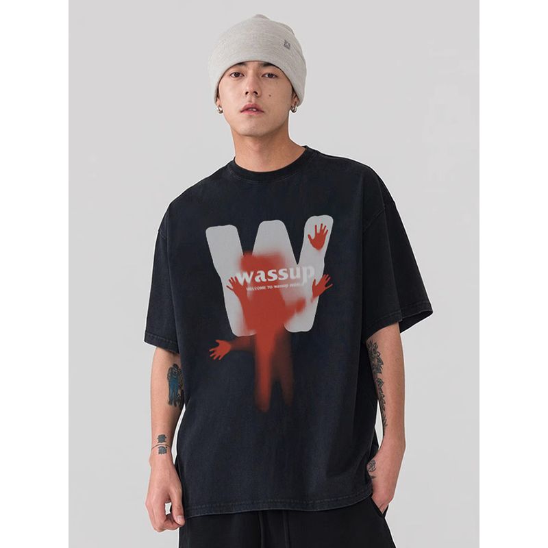 Wassup Heods Trendy Brand Large W Letter Casual Short-Sleeve T-Shirt for Men and Women, Summer American Street Style Versatile Couple Outfit
