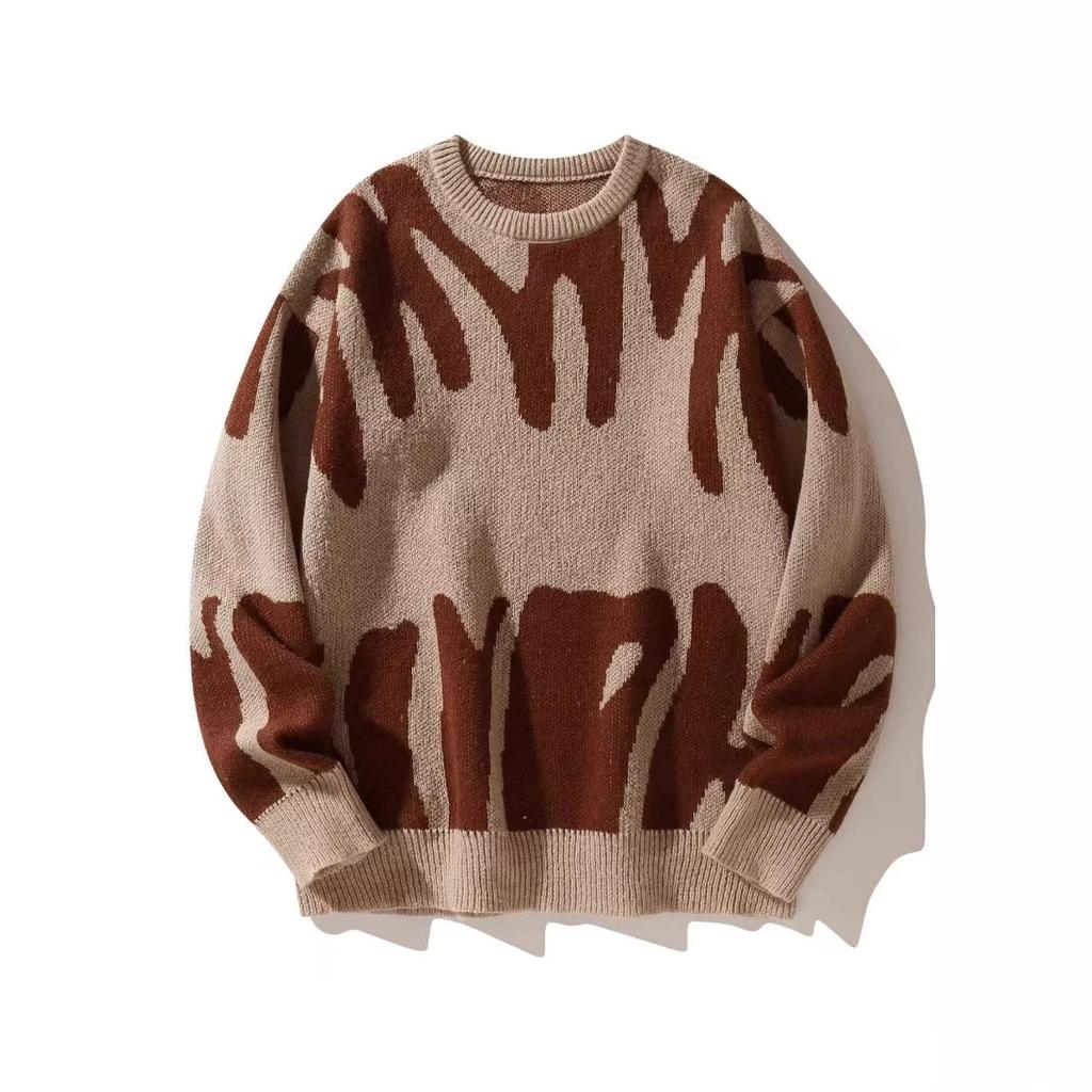 New Popular Autumn Winter Irregular Jacquard Pattern Pullover Sweater Casual Round Neck Contrast Color Knitted Men's Pullover
