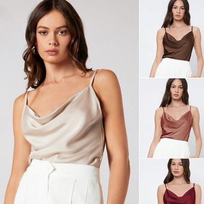 Summer Sleeveless Satin Base Casual Tank Tops Women Pile Collar Sexy Loose Tanks Women's Camis Elegant Slim Fit Simple Female Straps Tank Vest 26559
