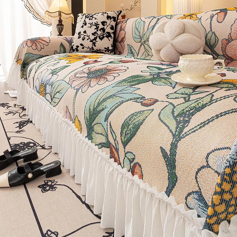 Nordic Pastoral Sofa Towel with Skirt Edge All Inclusive Non Slip Couch Cushion for Living Room All-Season Printed Sofa Blanket