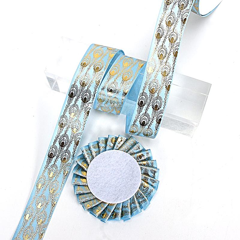 10 meter/rull påfuglfjærtrykt bånd Webbing silkebånd fjær gullbelagt bånd laserbånd 2,5x914cm