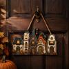 Autumn Home Decor 2D Wooden Halloween Door Hanger Sign, Pumpkin Ghost Vintage Town Building Welcome Party Favors Wall Plaque with Hanging Rope, Front