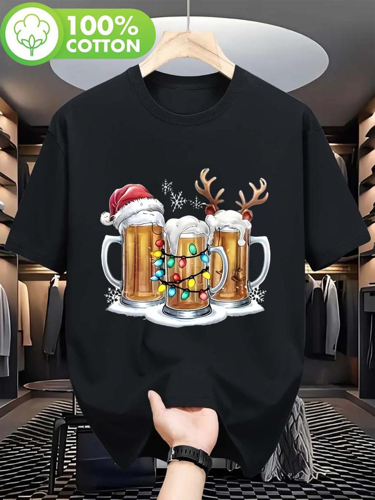 This TShirt for Unisex Showcases a Festive Design with Three Colorful Beer Mugs Adorned with a Christmas Hat