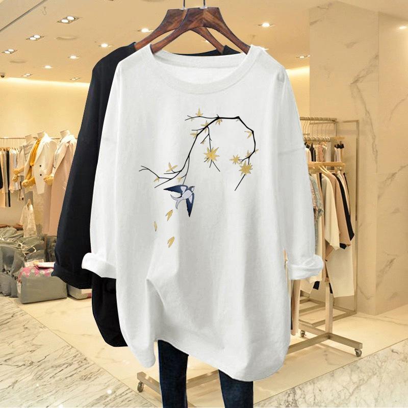 Women's Round Neck Long Sleeve Top Loose Fit Korean Style Cotton Bird Branch Print Tunic Tee New Chinese Design Plus Size Casual Summer Basic Blouse