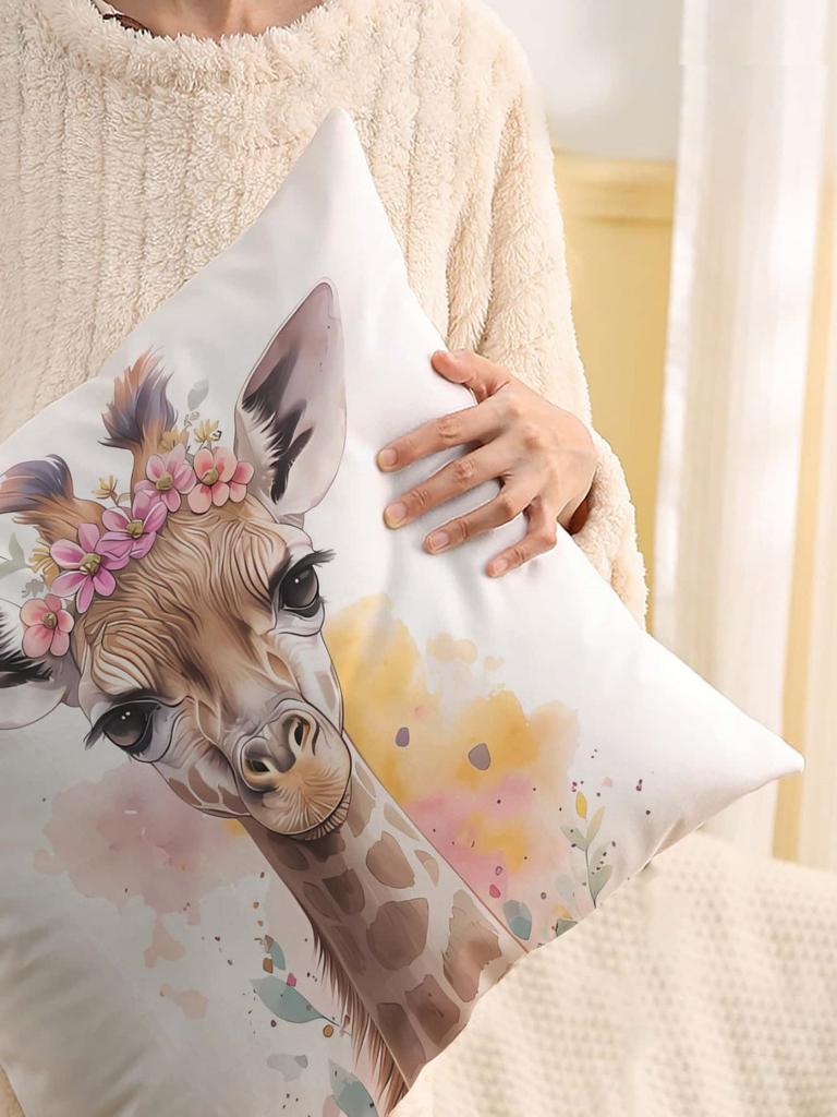 Flower Crown Giraffe Print Throw Pillow Cover, Cushion Case For Sofa Bedroom Living Room Couch Bed Office Chair Home Decor