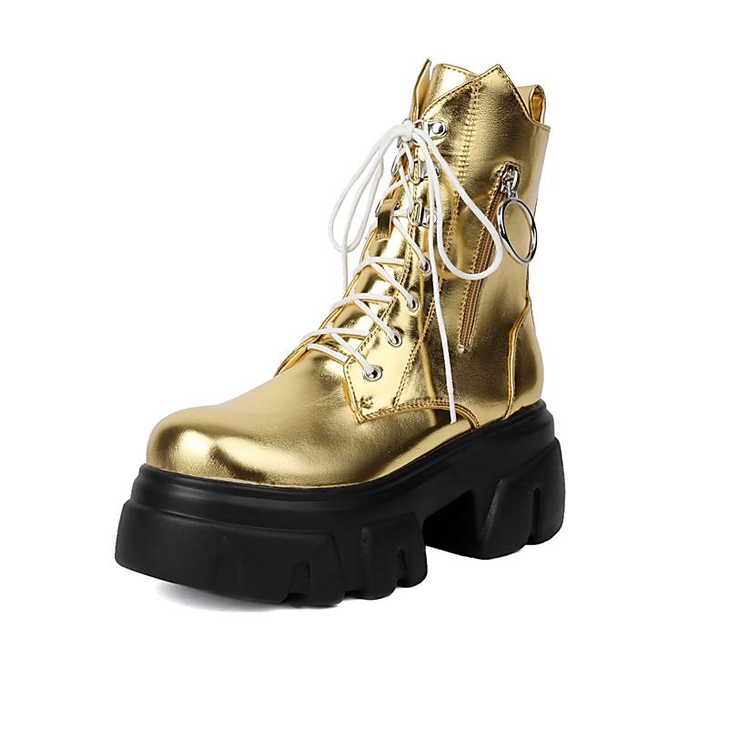 FOREADA Women Ankle Boots Round Toe Thick High Heels Platform Zipper Lace-up Short Boots Ladies Fashion Shoes Autumn Winter 44