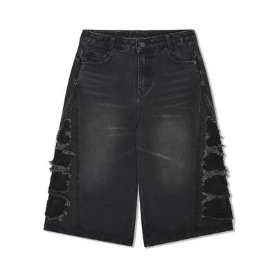 Lockere, gerade geschnittene Denim-Shorts für Herren im Sommer, High Street-Flickenstoff mit Fellkanten, Katzenschnurrhaaren, Shorts mit weitem Bein