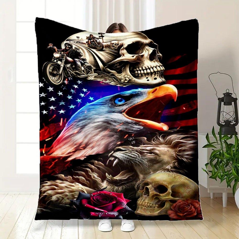 "American Spirit: Eagle, Lion, Motorcycle Biker Art Print"Blanket Flannel Throw Blanket for Sofa, Bed, Travel, Camping, Office