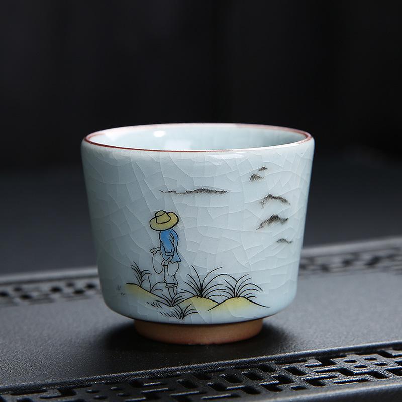 Tea Cup Ceramic Tasting Cup Hand-painted Ru Kiln Crackle Glaze Nurturing Pu'er Kung Fu Single Cup Retro Master Cup with PrintLOG