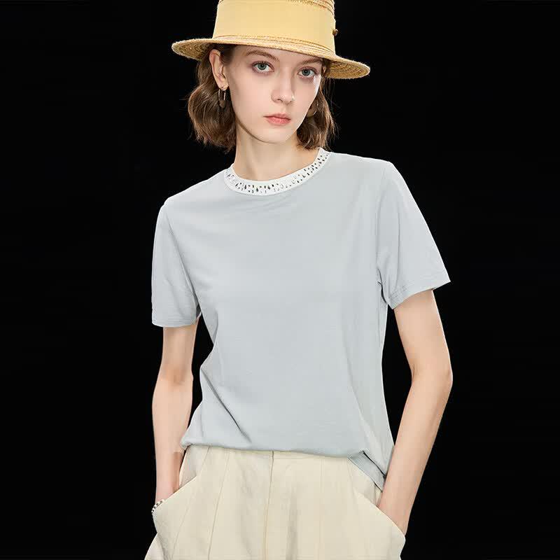 Wudao Women's Modal Faux Two-Piece Beaded T-Shirt