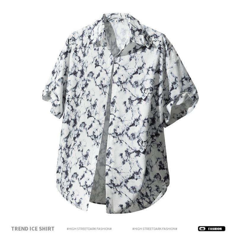 Men's White Black Marble Print Short Sleeve Shirt - Oversized Casual Streetwear Summer Button Up