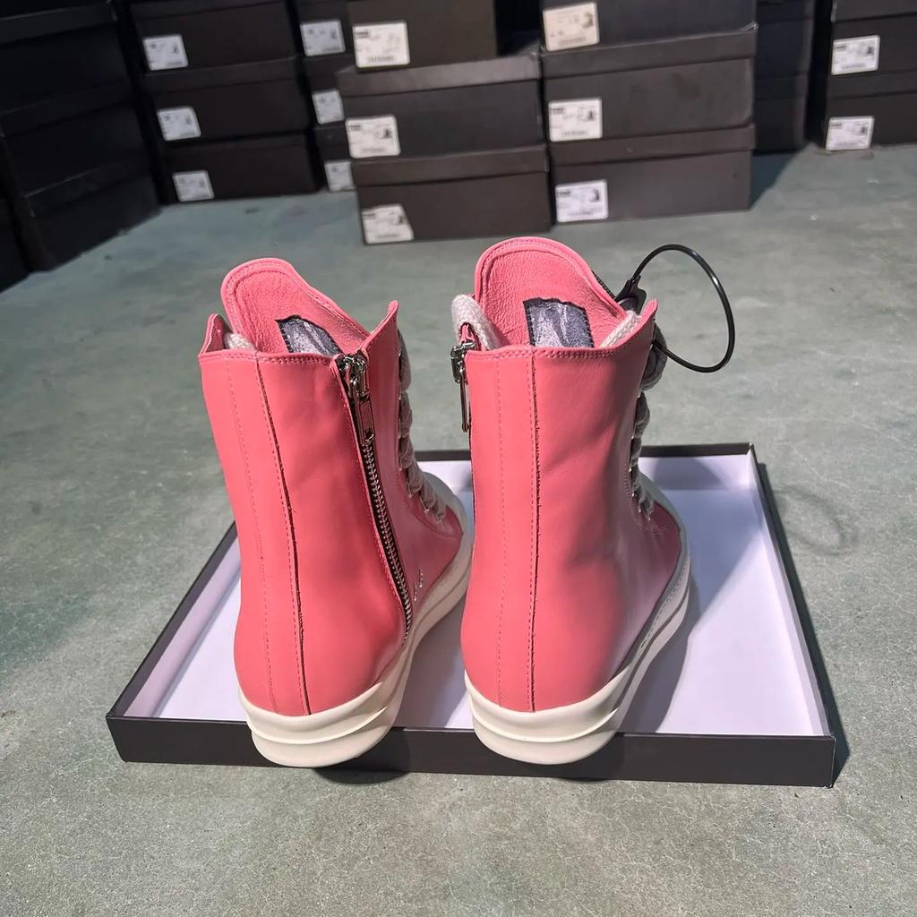 Designer Man Shoes Fashion Peach Pink Genuine Leather Woman High-Top Sneaker Luxury Thick Shoelaces Zip Design Women Ankle Boots