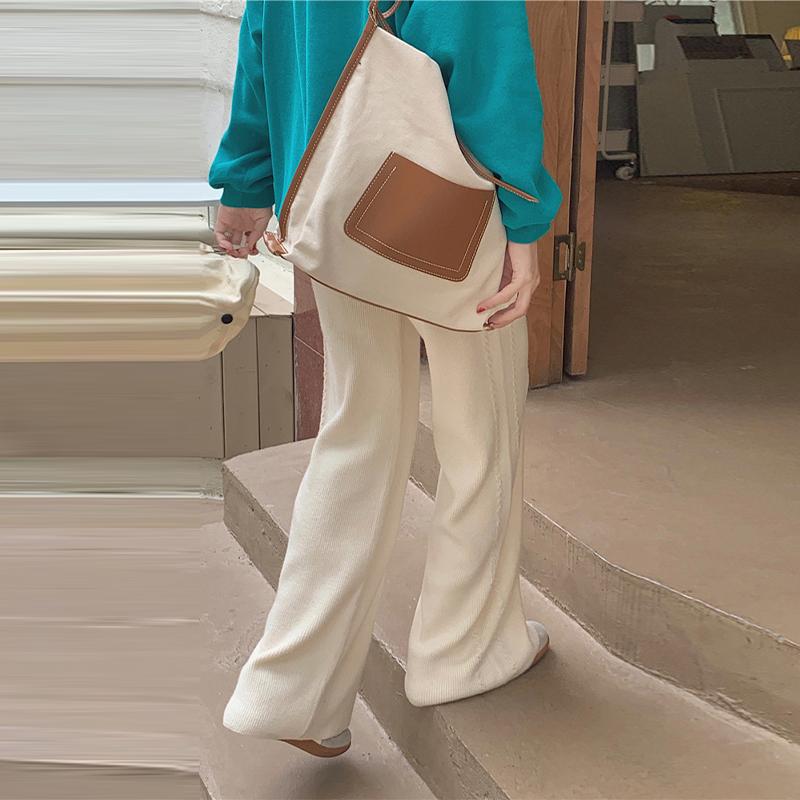 Women's Fashionable Casual Draping Knitted Wide-Leg Pants Elastic Waist Embossed Wool Mopping Trousers