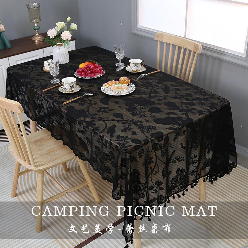 Pure Black Flower And Bird Pattern Lace Lace With Spikes Dining Table Cloth Modern Simple Household Indoor Coffee Table Cover Cloth