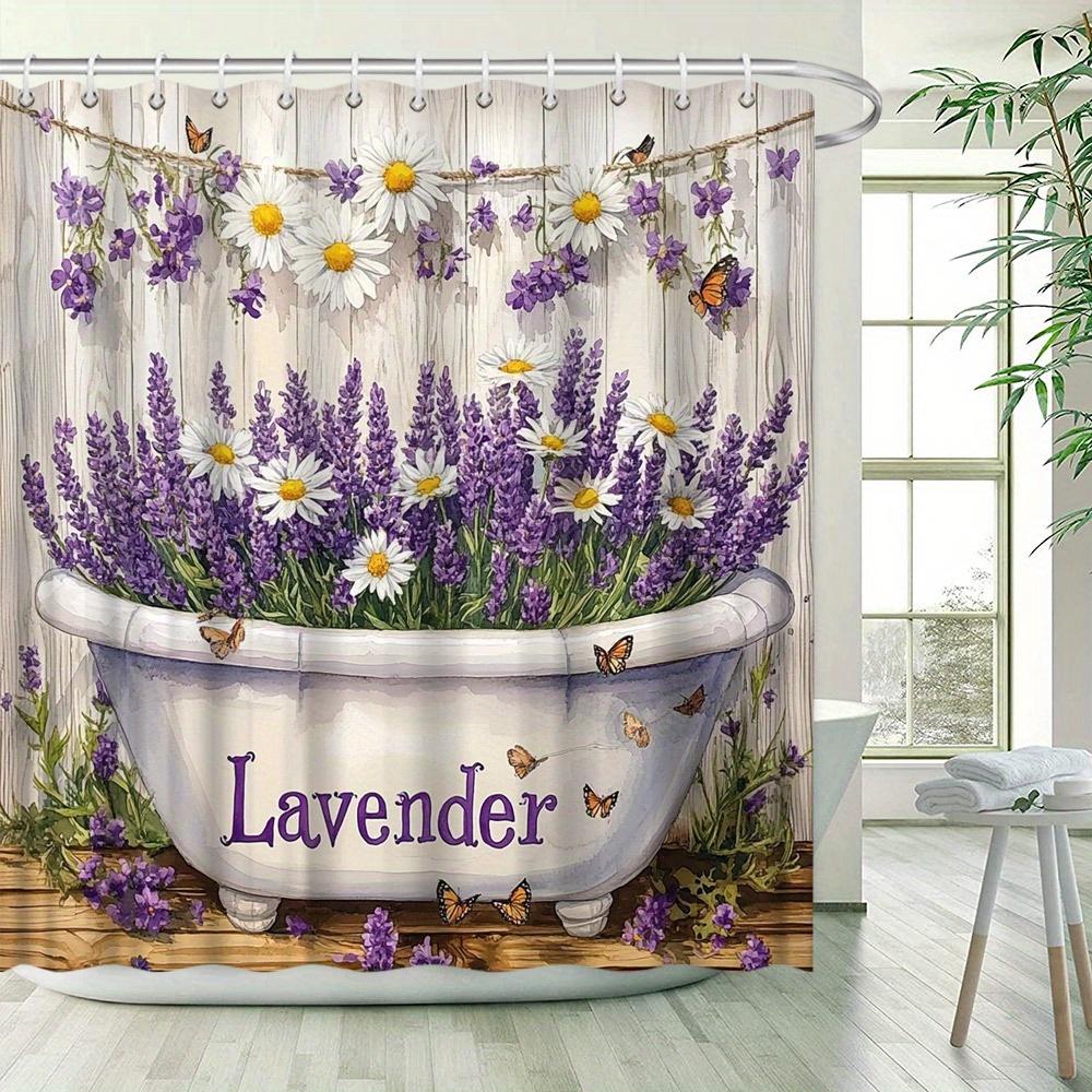 Zahradní sprchový závěs Levandule - Voděodolný, Fialové květy a Motýli s Rustikálním plotem, 70x70 palců | Polyester