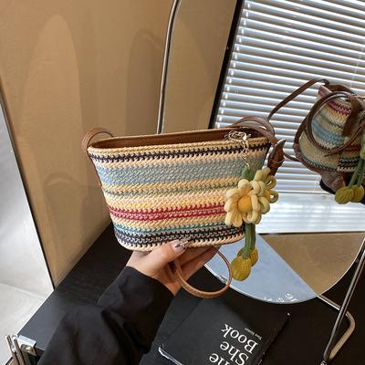 Summer Retro Woven Bag Women's New Fashion High-end Sense Contrasting Color Bucket Bag Simple Commuter Messenger Bag
