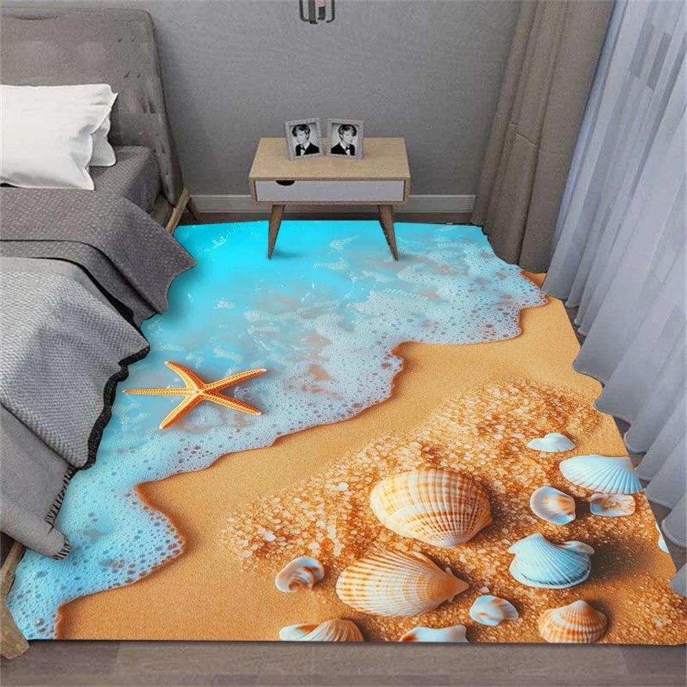 Carpet Summer Waves Beach Shell Rug - Soft Non-Slip Washable Modern Decor for Living Room Sofa Bedroom Kitchen Coastal Theme