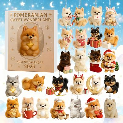 Pomeranian Sweet Wonderland Advent Calendar 2025,24 Days Of Festive Surprises Dog Ornaments,2D Acrylic Cute Canine Toys