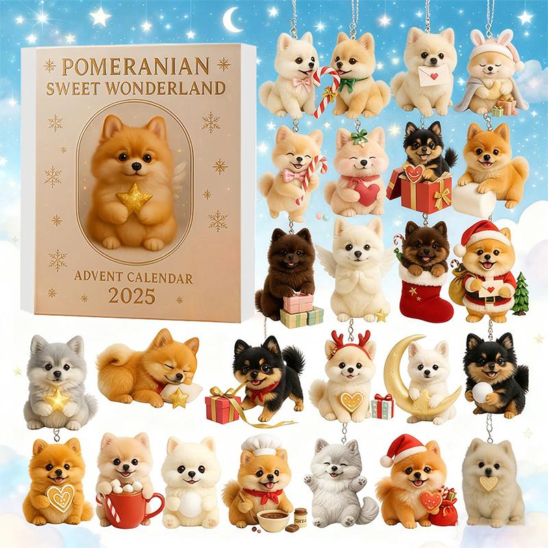 

Померанский Сладкая Страна Чудес Адвент-календарь 2025, 24 дня праздничных сюрпризов Собачьи украшения, 2D акриловые милые собачьи игрушки разноцветный